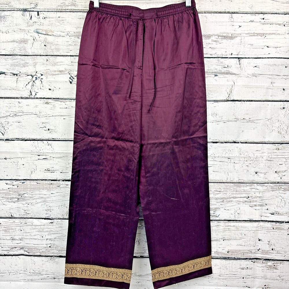 J. Jill Maroon Red Silk‎ High Waist Ribbon Paisley Trim Boho Pants [Size Medium]